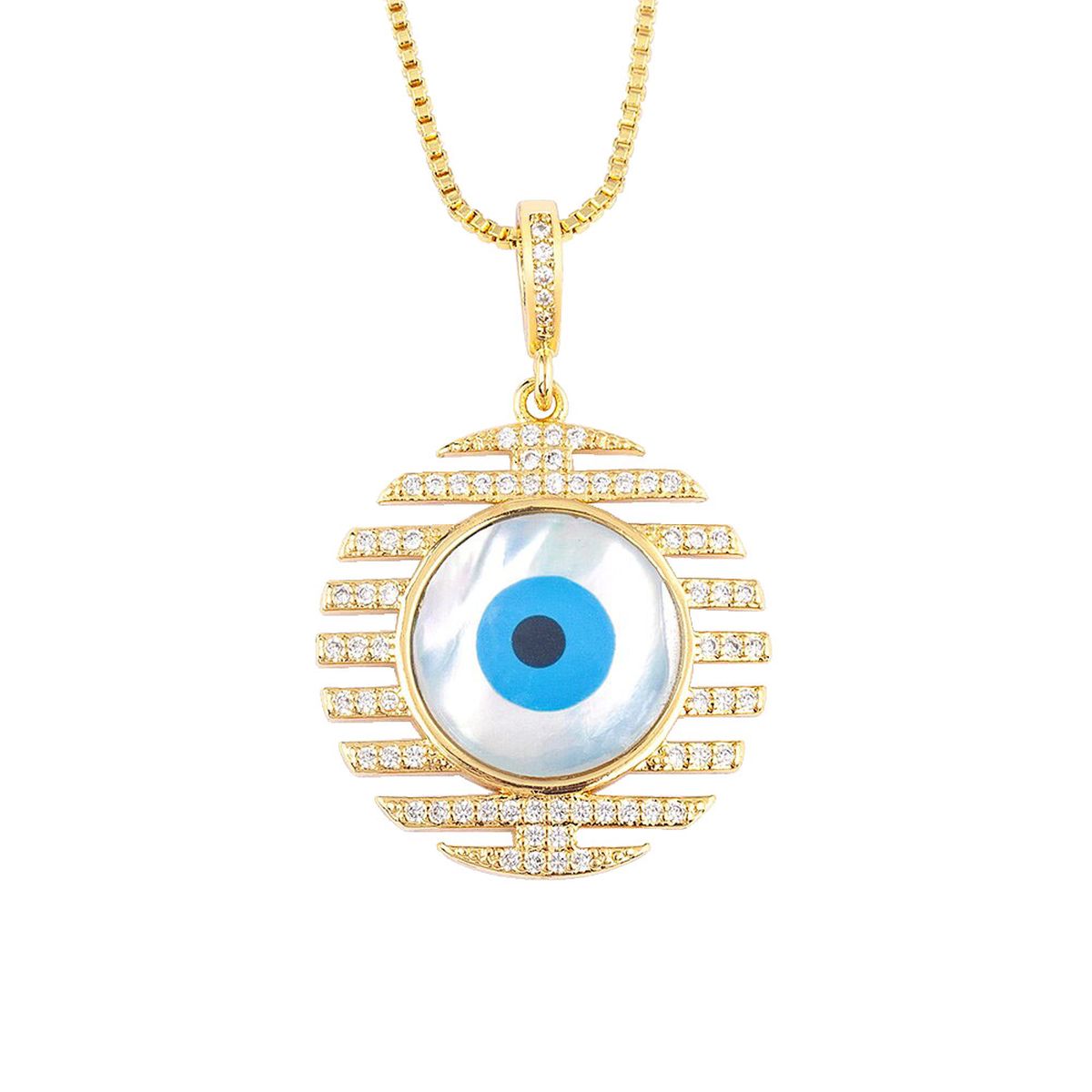 Stripes Evil Eye Mother Of Pearl CZ 18K Gold Pendant Chain Bulk
