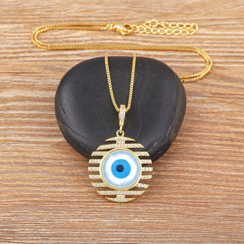 Stripes Evil Eye Mother Of Pearl CZ 18K Gold Pendant Chain Bulk