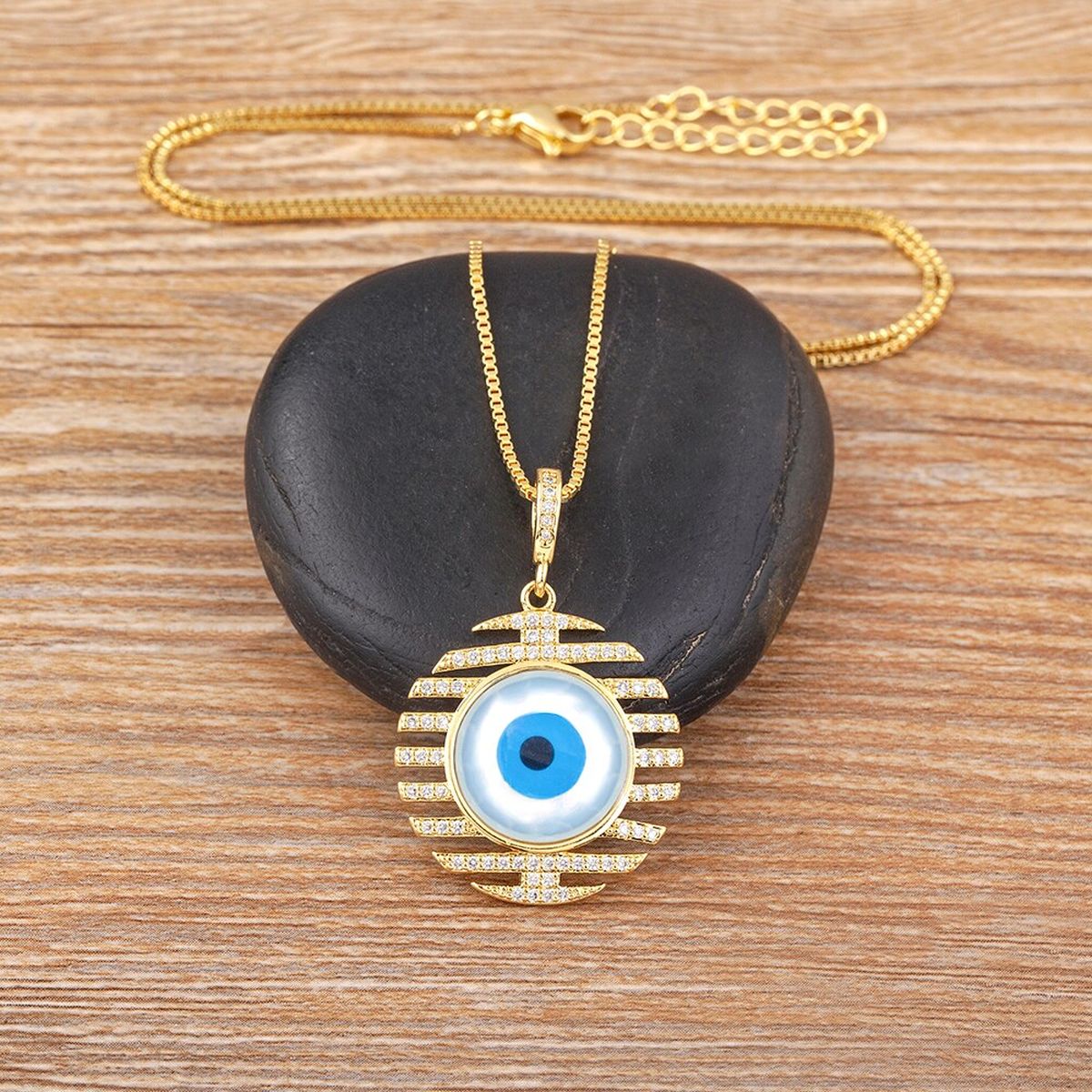 Stripes Evil Eye Mother Of Pearl CZ 18K Gold Pendant Chain Bulk