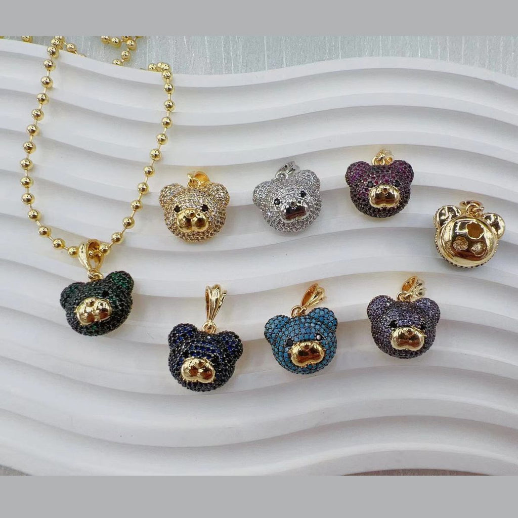 Pink Teddy Bear Cubic Zirconia 18K Gold Pendant Links Chain Women Bulk