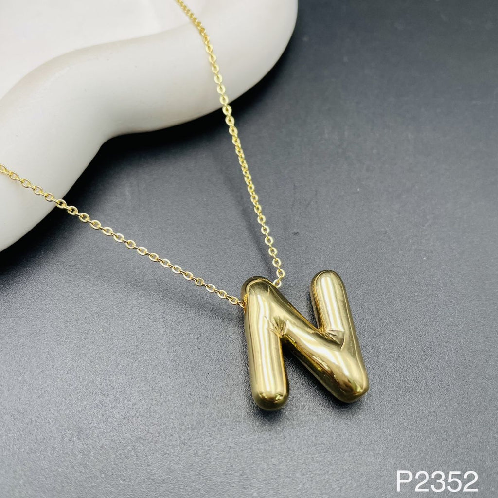 A Party Balloon Bubble Puffed Initial Alphabet Letter 18K Glossy Gold Anti Tarnish Pendant Chain