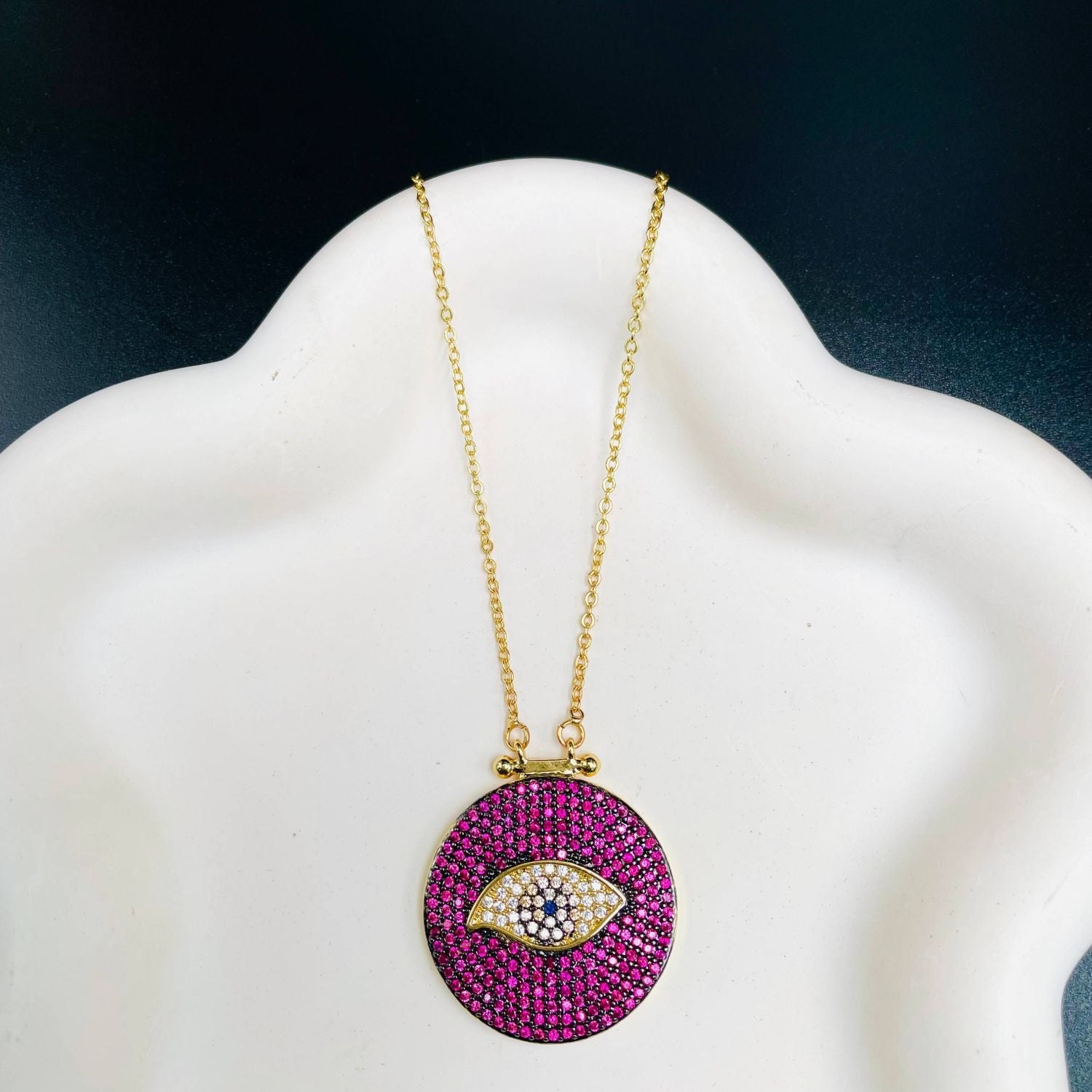 Evil Eye 18K Gold Plated CZ Pink Anti Tarnish Pendant Chain Bulk Main image