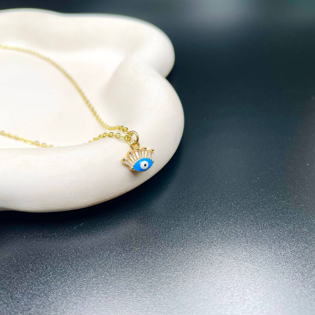 Eye Lash Evil Eye 18K Gold CZ Blue Anti Tarnish Pendant Chain Bulk