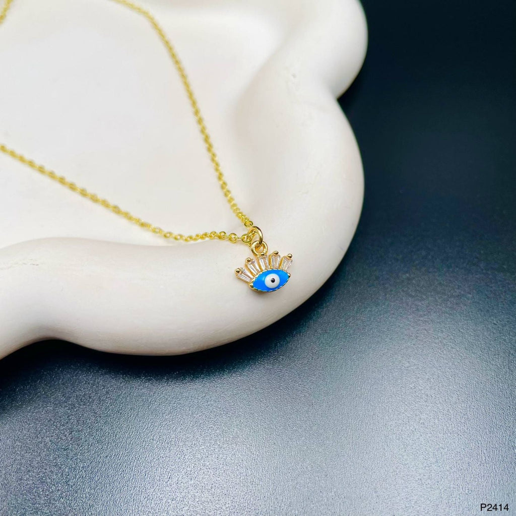 Eye Lash Evil Eye 18K Gold CZ Blue Anti Tarnish Pendant Chain Bulk