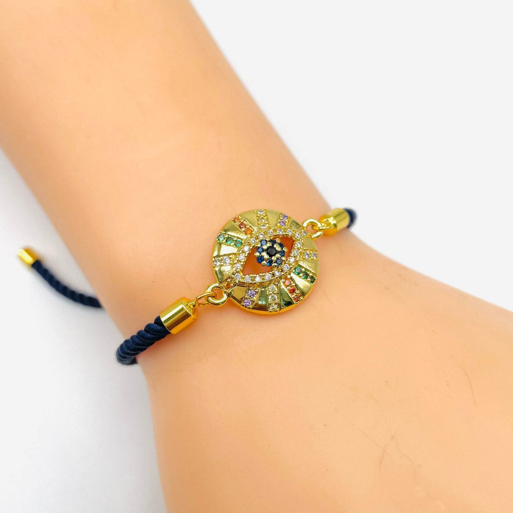 Rainbow Evil Eye Gold Anti Tarnish Adjustable Threads Bracelet Bulk