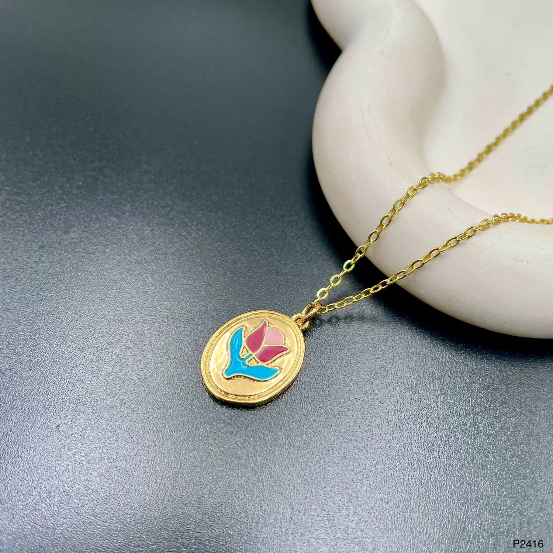 Flower Enamel Green Red 18K Gold Anti Tarnish Pendant Chain Women Bulk Main image
