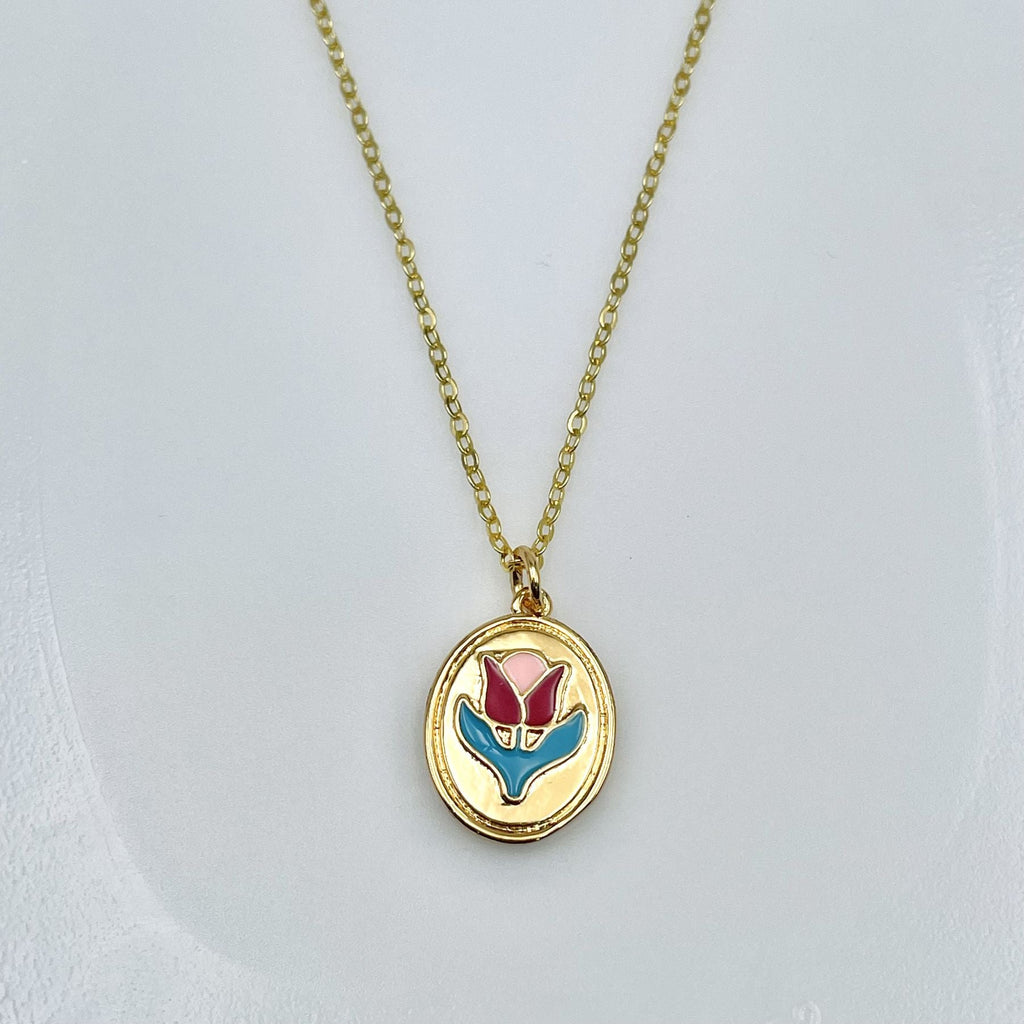 Flower Enamel Green Red 18K Gold Anti Tarnish Pendant Chain Women Bulk