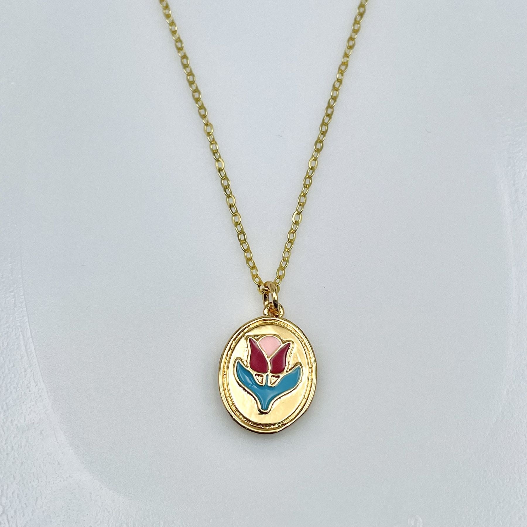 Flower Enamel Green Red 18K Gold Anti Tarnish Pendant Chain Women Bulk