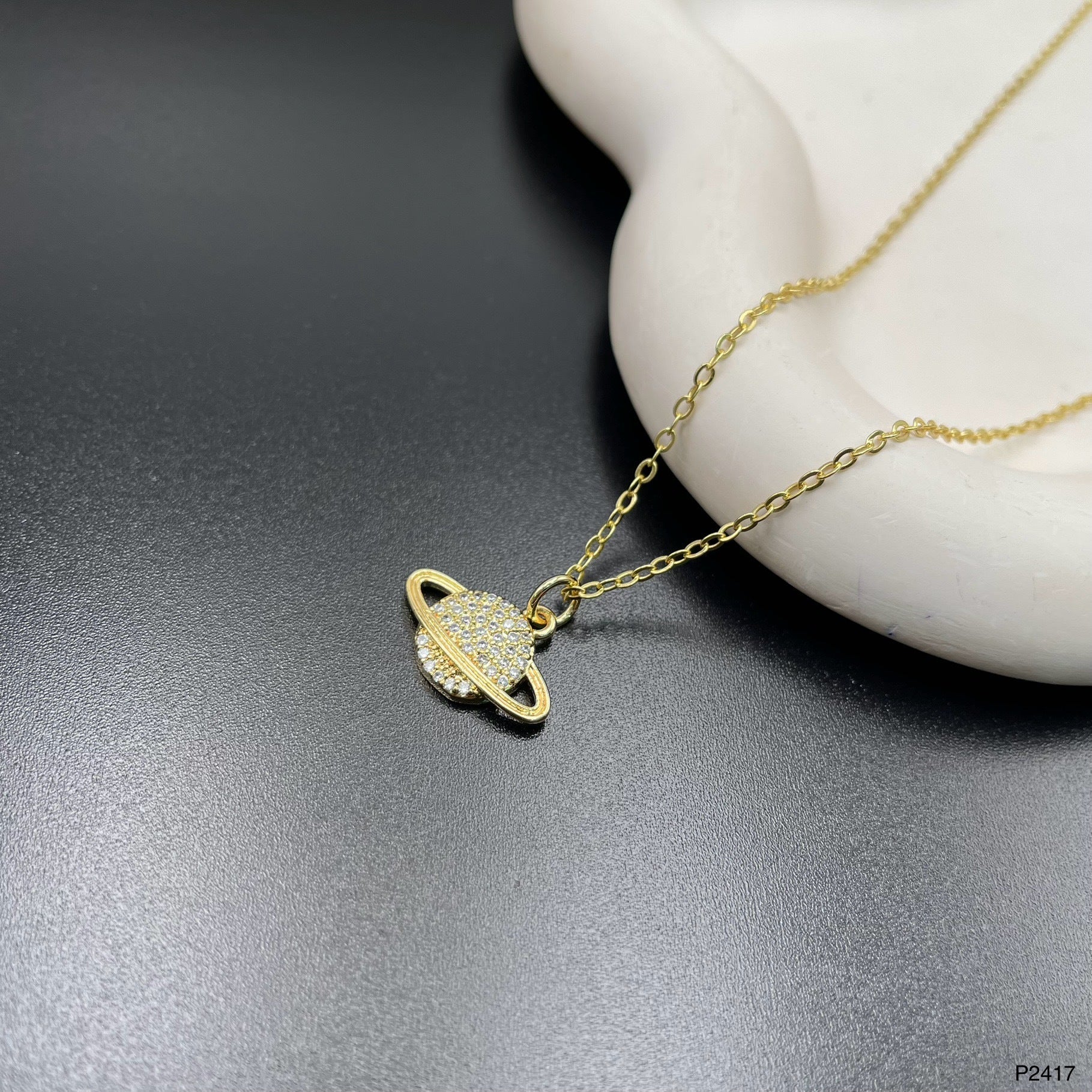 Saturn Planet Cubic Zirconia 18K Gold Anti Tarnish Pendant Chain Bulk Main image