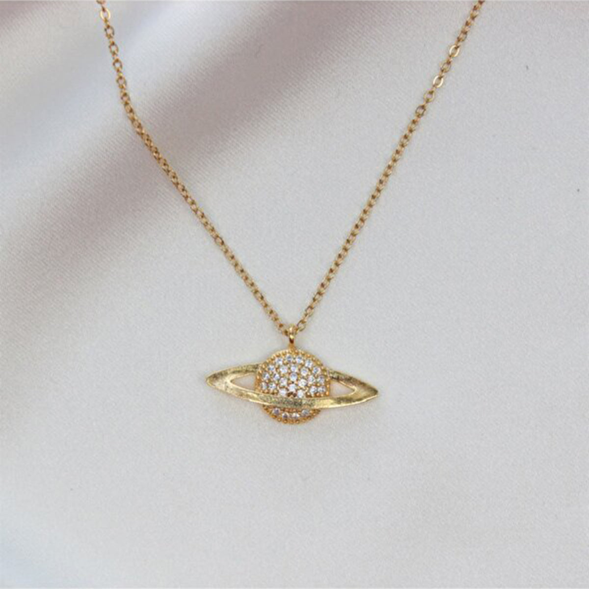 Saturn Planet Cubic Zirconia 18K Gold Anti Tarnish Pendant Chain Bulk