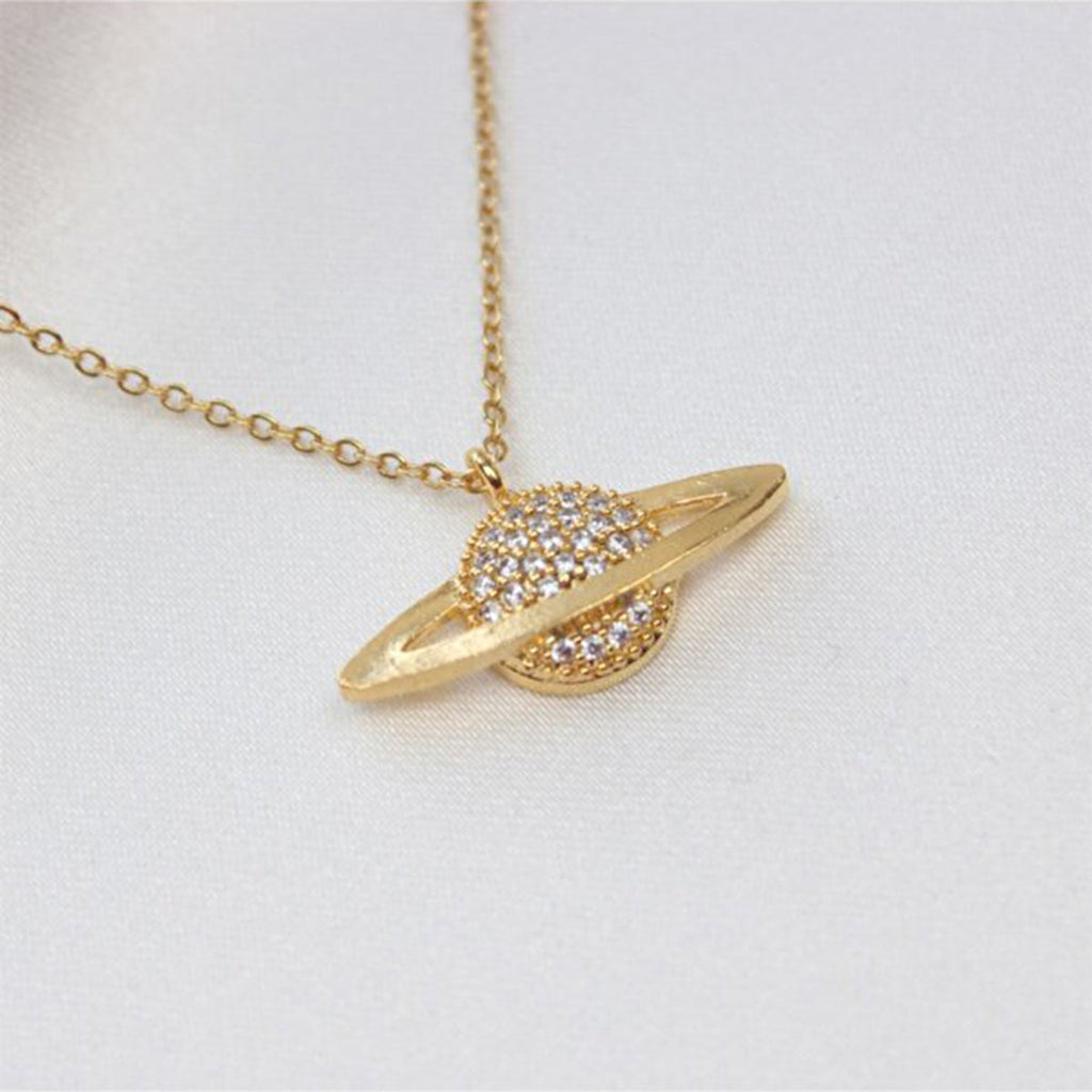 Saturn Planet Cubic Zirconia 18K Gold Anti Tarnish Pendant Chain Bulk