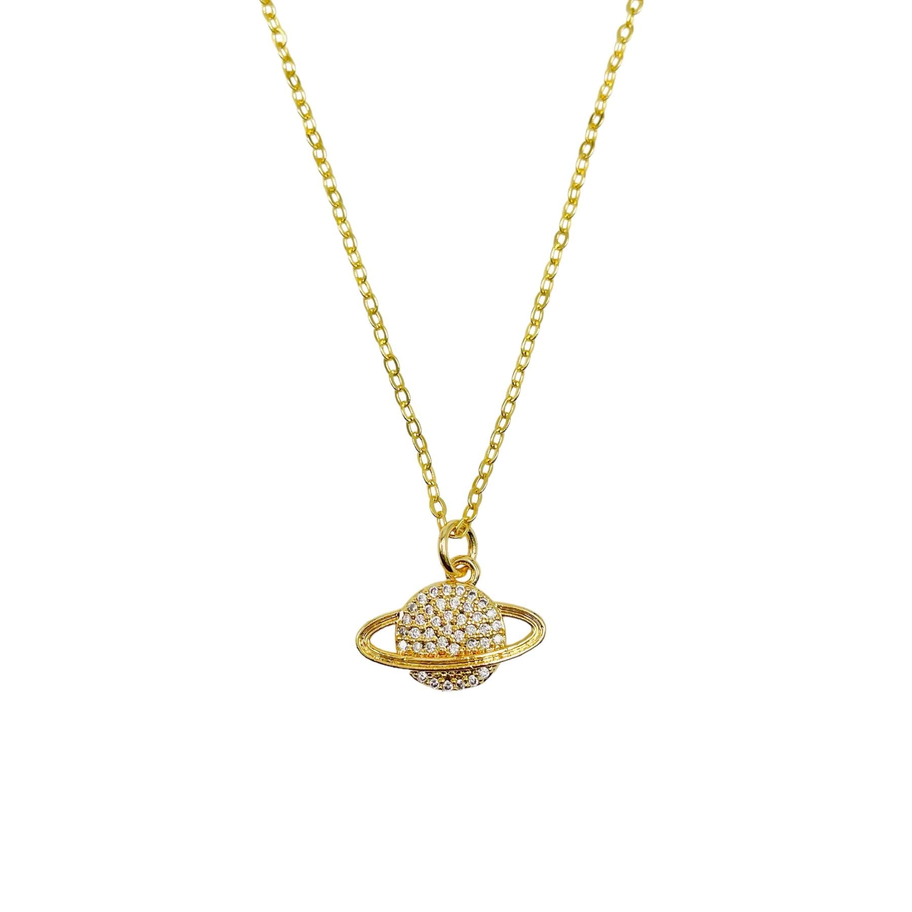 Saturn Planet Cubic Zirconia 18K Gold Anti Tarnish Pendant Chain Bulk
