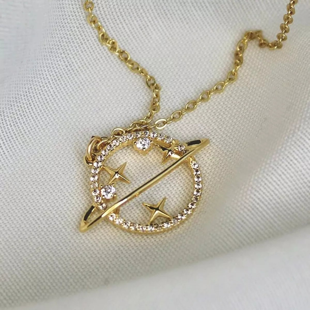 Star Saturn Planet CZ 18K Gold Anti Tarnish Pendant Chain Bulk