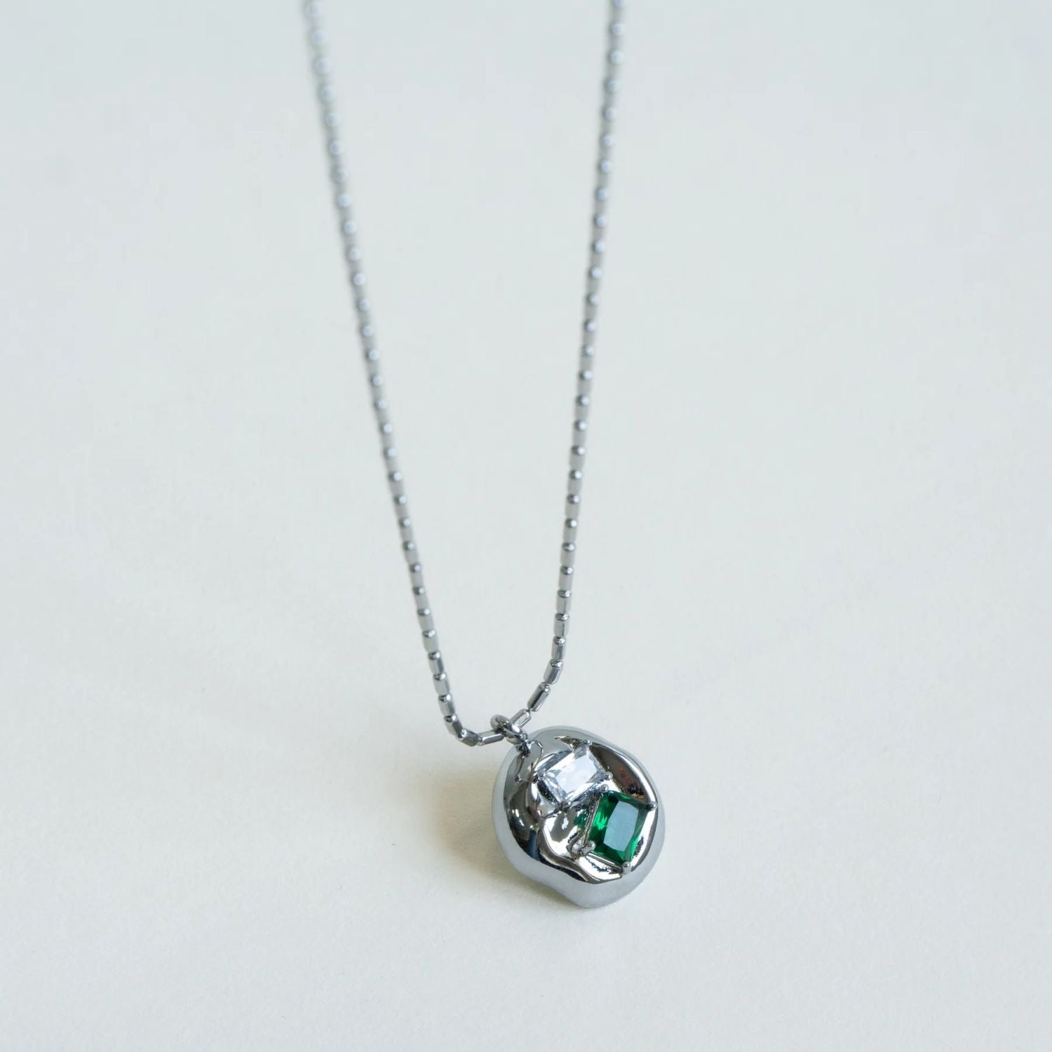 Emerald Cubic Zirconia Crystal Green Silver Stainless Steel Anti Tarnish Necklace Pendant Chain For Women