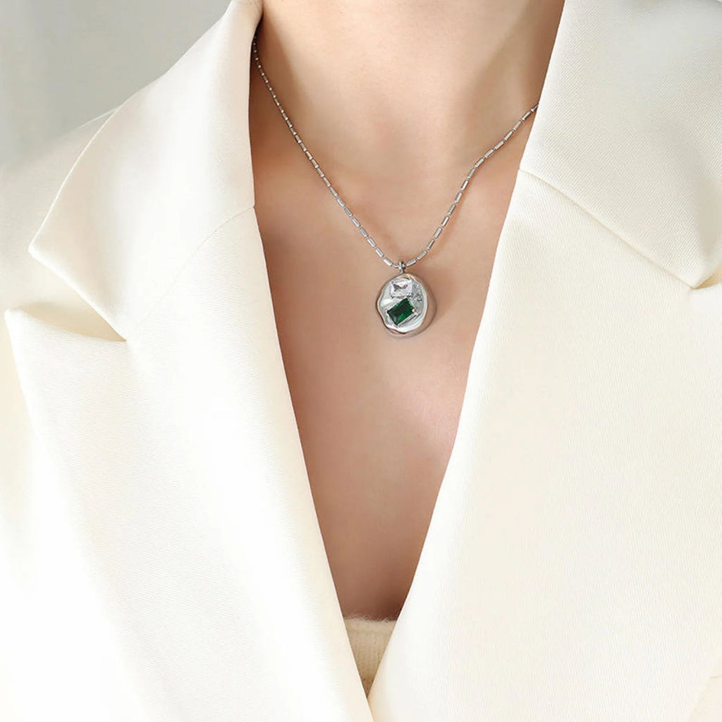 Emerald Cubic Zirconia Crystal Green Silver Stainless Steel Anti Tarnish Necklace Pendant Chain For Women