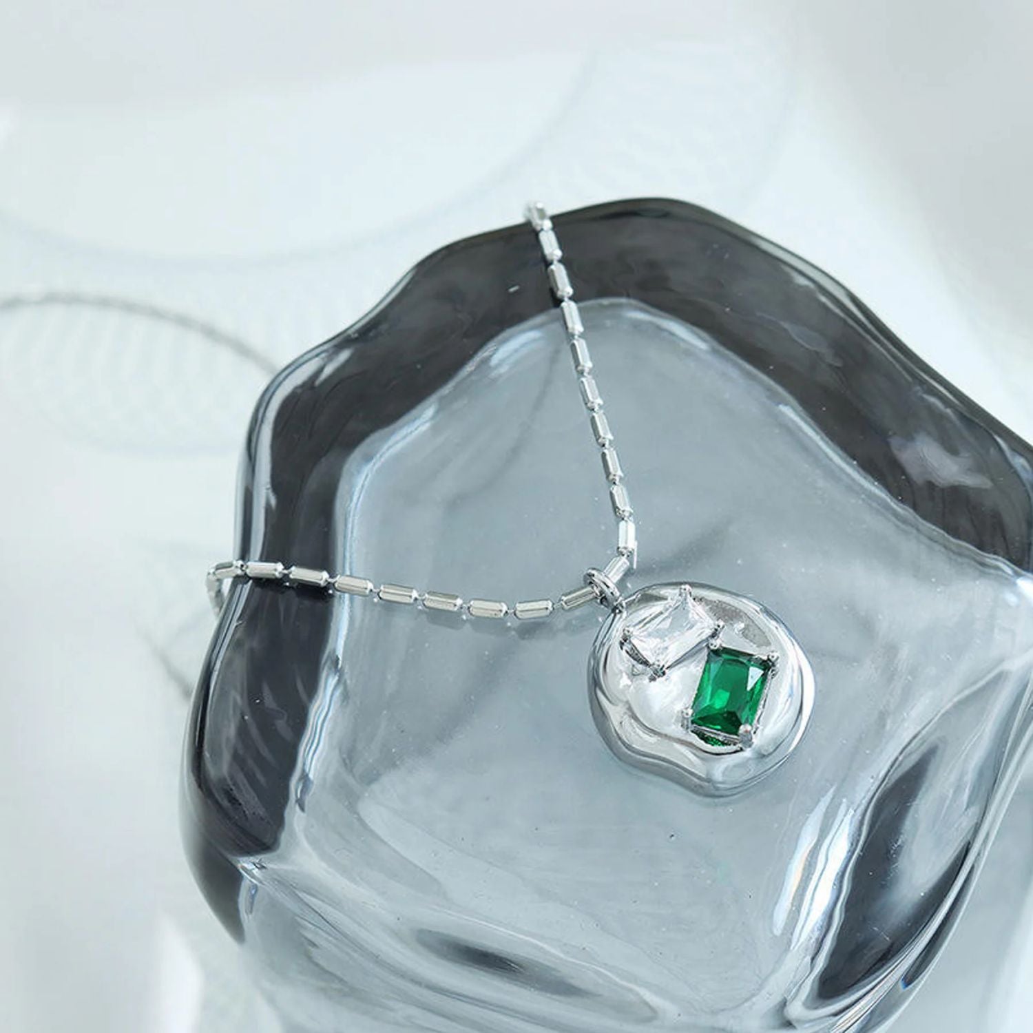 Emerald Cubic Zirconia Crystal Green Silver Stainless Steel Anti Tarnish Necklace Pendant Chain For Women Main image
