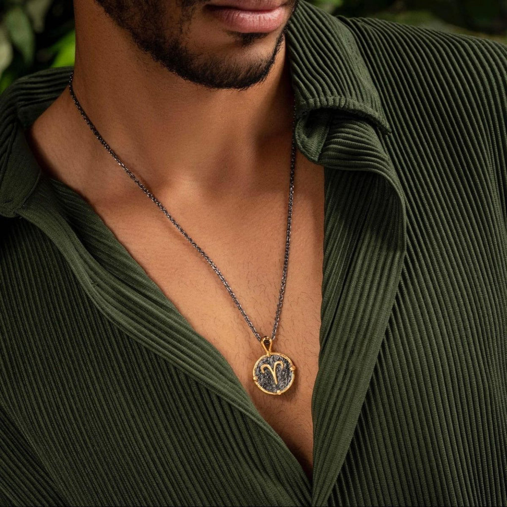 Zodiac Aries Gary Black 18K Gold Stainless Steel Anti Tarnish Necklace Pendant Chain For Men