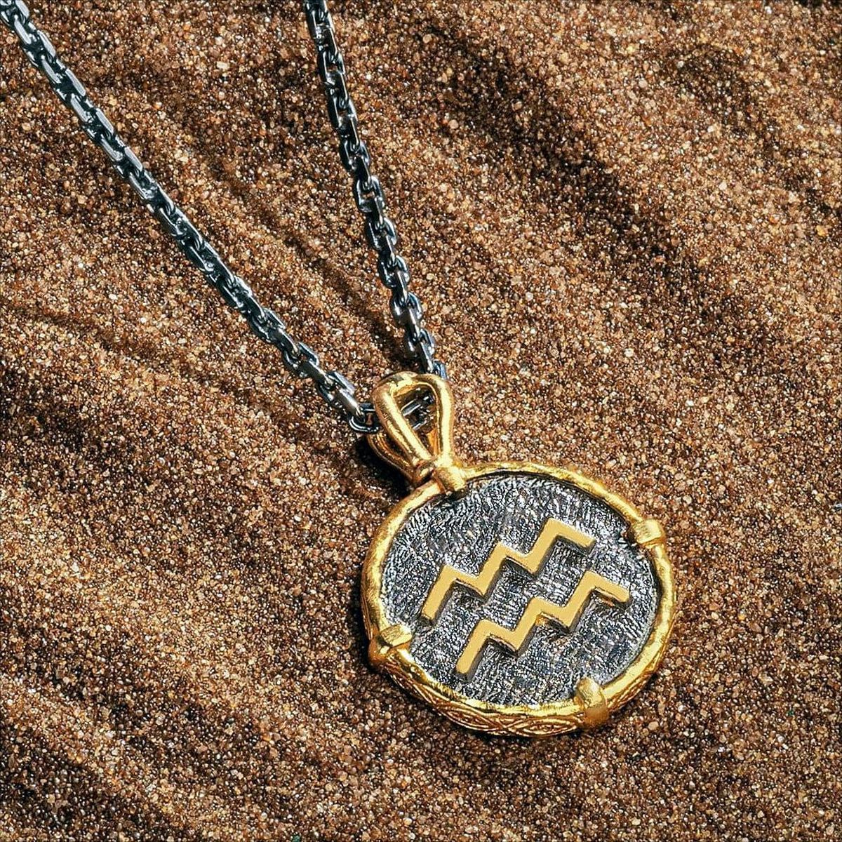 Zodiac Aries Gary Black 18K Gold Stainless Steel Anti Tarnish Necklace Pendant Chain For Men