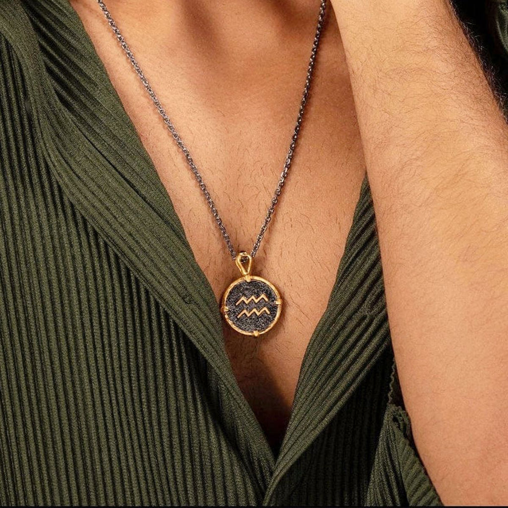 Zodiac Aries Gary Black 18K Gold Stainless Steel Anti Tarnish Necklace Pendant Chain For Men