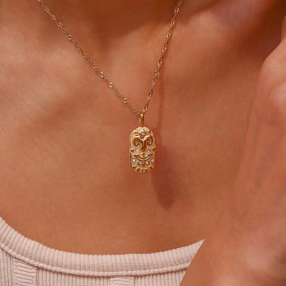 Zodiac Aries Cubic Zirconia 18K Gold Stainless Steel Anti Tarnish Necklace Pendant Chain For Women