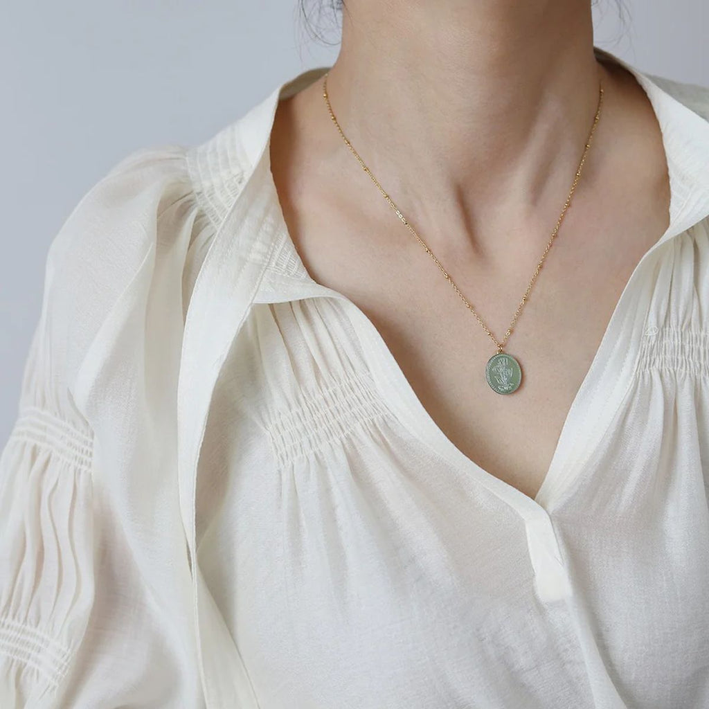 Tulip Flower Green Gold Brass Anti Tarnish Necklace Pendant Chain Bulk