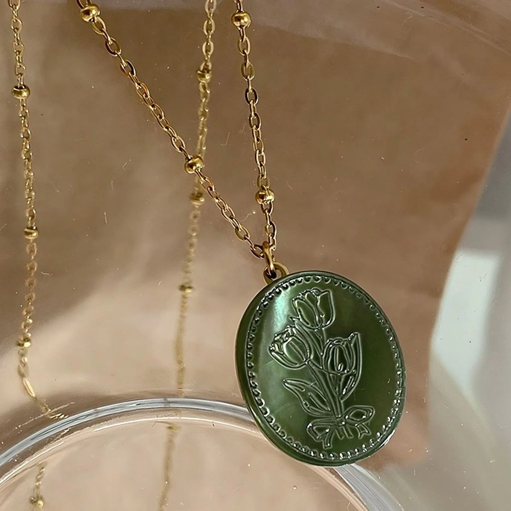 Tulip Flower Green Gold Brass Anti Tarnish Necklace Pendant Chain Bulk