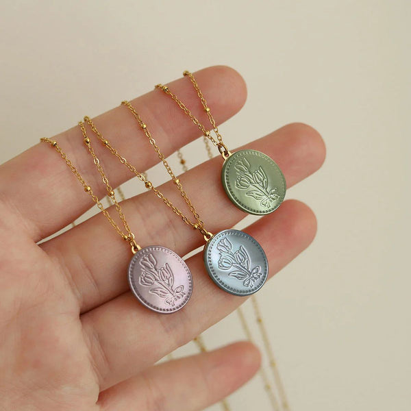 Tulip Flower Green Gold Brass Anti Tarnish Necklace Pendant Chain Bulk Main image