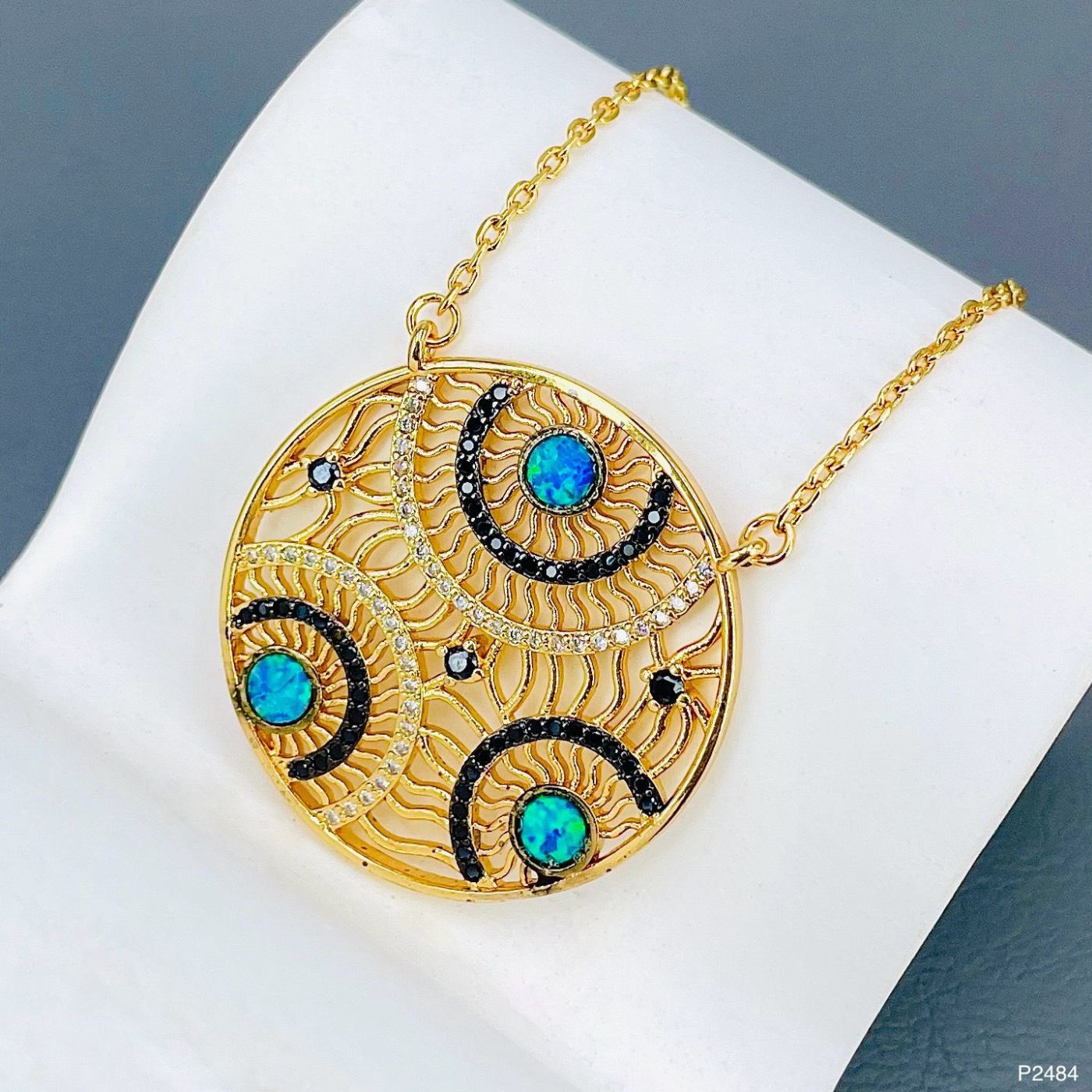 Filigree Evil Eye Green 18K Gold Cubic Zirconia Crystal Anti Tarnish Necklace Pendant Chain For Women Main image