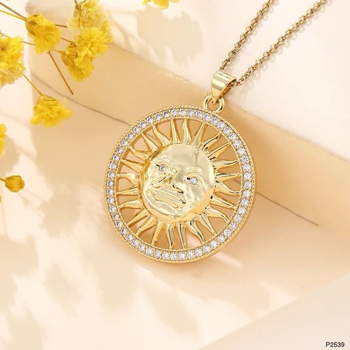 Sun Filigree Cubic Zirconia 18K Gold Anti Tarnish Pendant Chain Bulk Main image