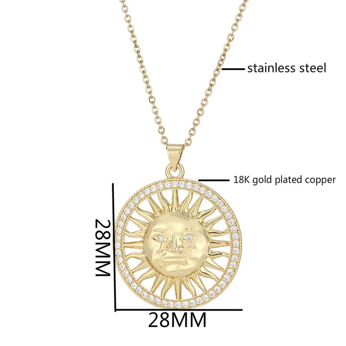 Sun Filigree Cubic Zirconia 18K Gold Anti Tarnish Pendant Chain Bulk