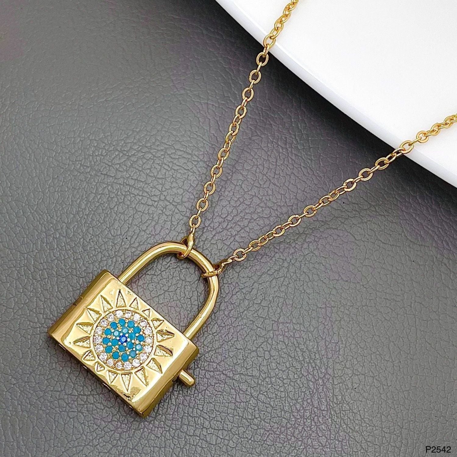 Sun Lock CZ Crystal Blue 18K Gold Anti Tarnish Pendant Chain Bulk Main image