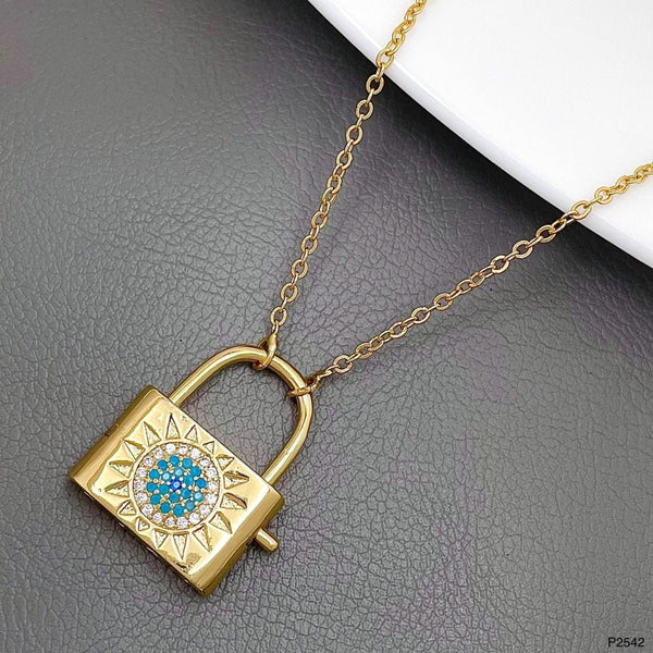Sun Lock CZ Crystal Blue 18K Gold Anti Tarnish Pendant Chain Bulk Main image