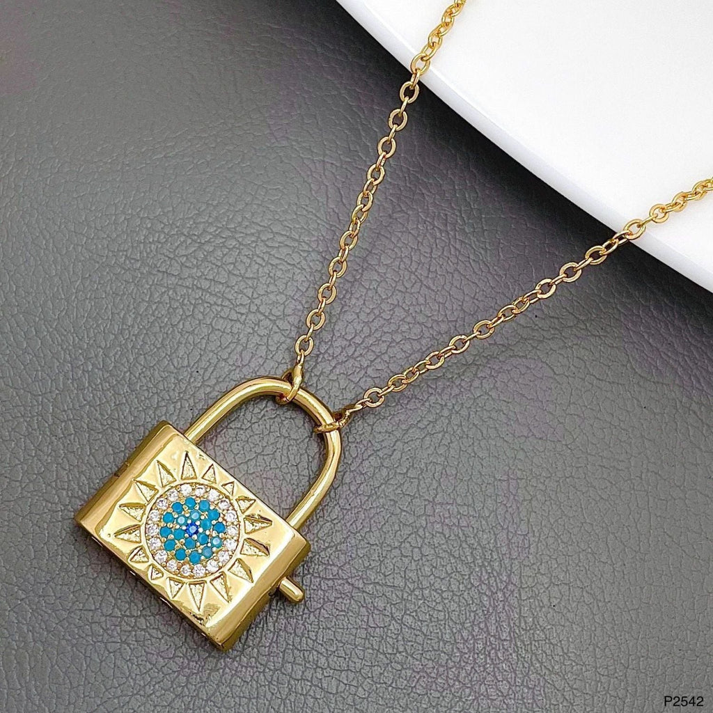 Sun Lock CZ Crystal Blue 18K Gold Anti Tarnish Pendant Chain Bulk