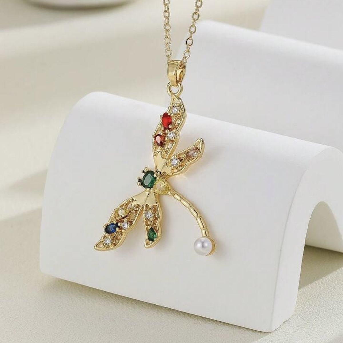 Exquisite Dragonfly Cubic Zirconia Crystal Multicolour 18K Gold Anti Tarnish Pendant Chain For Women Main image