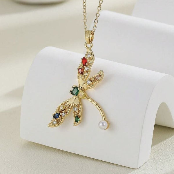 Exquisite Dragonfly Cubic Zirconia Crystal Multicolour 18K Gold Anti Tarnish Pendant Chain For Women Main image