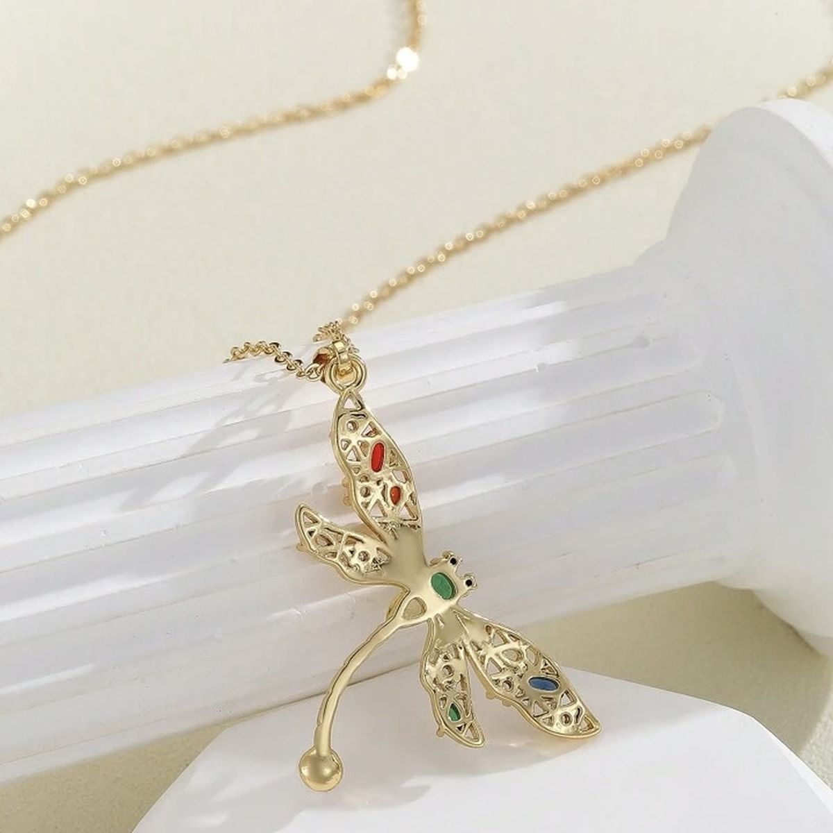 Exquisite Dragonfly Cubic Zirconia Crystal Multicolour 18K Gold Anti Tarnish Pendant Chain For Women