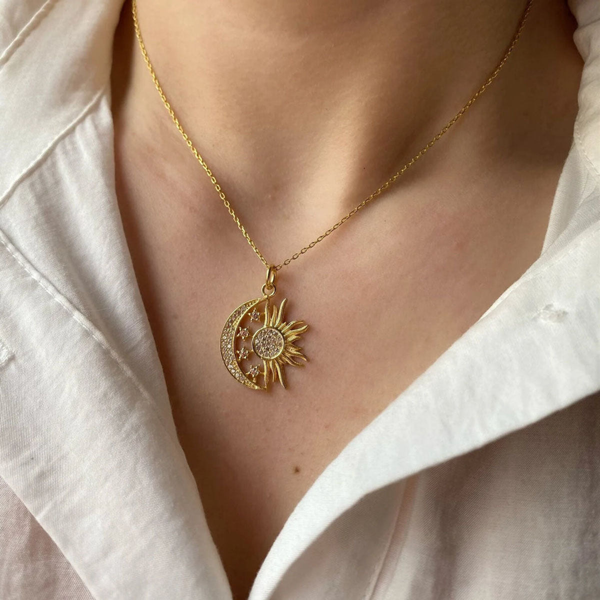 Crescent Star Sun CZ 18K Gold Anti Tarnish Pendant Chain Bulk