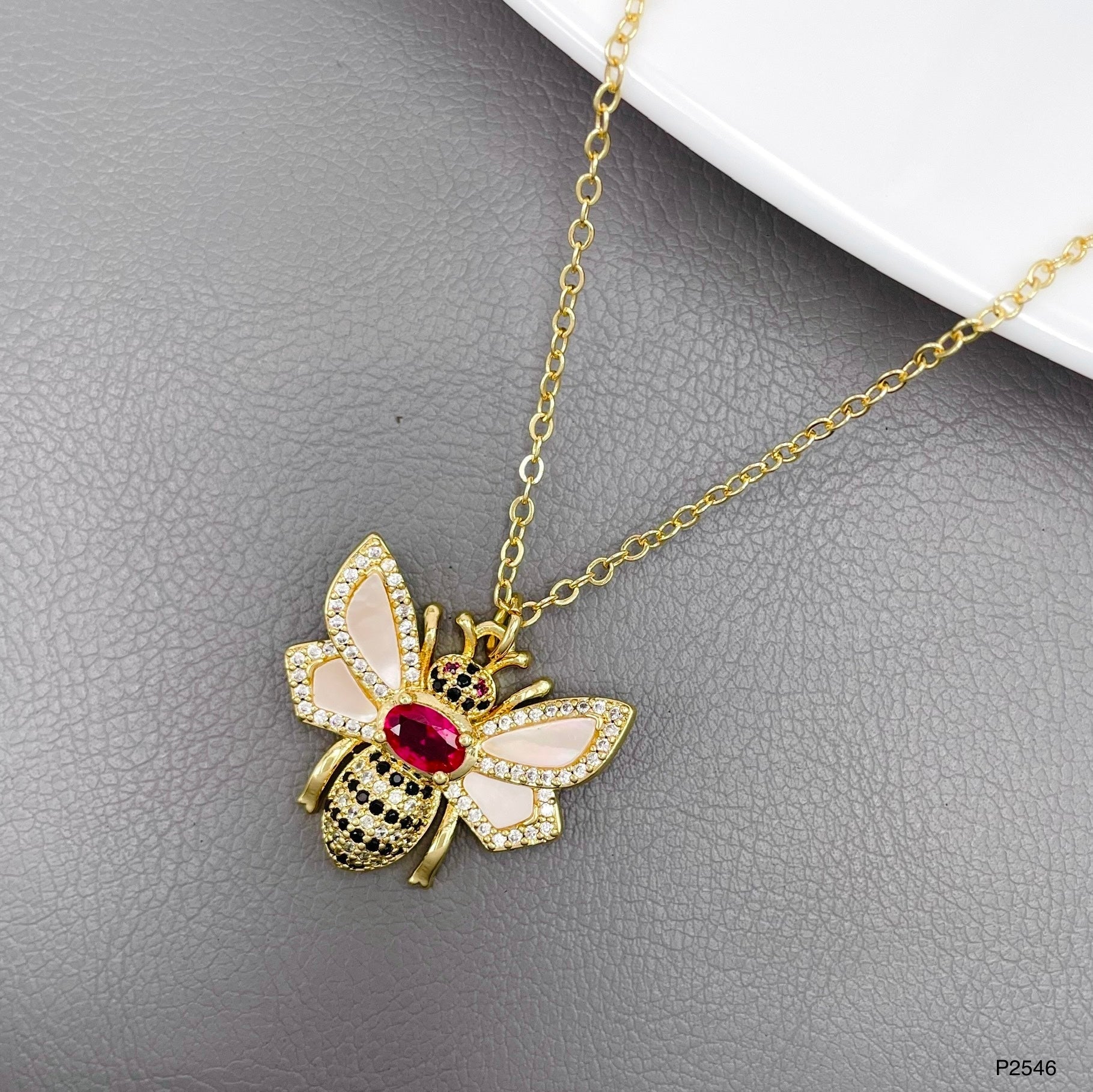 Honey Bee CZ Crystal White 18K Gold Anti Tarnish Pendant Chain Bulk