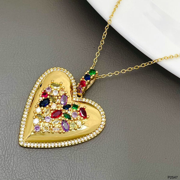 Rainbow Heart CZ Crystal Multi Gold Anti Tarnish Pendant Chain Bulk Main image