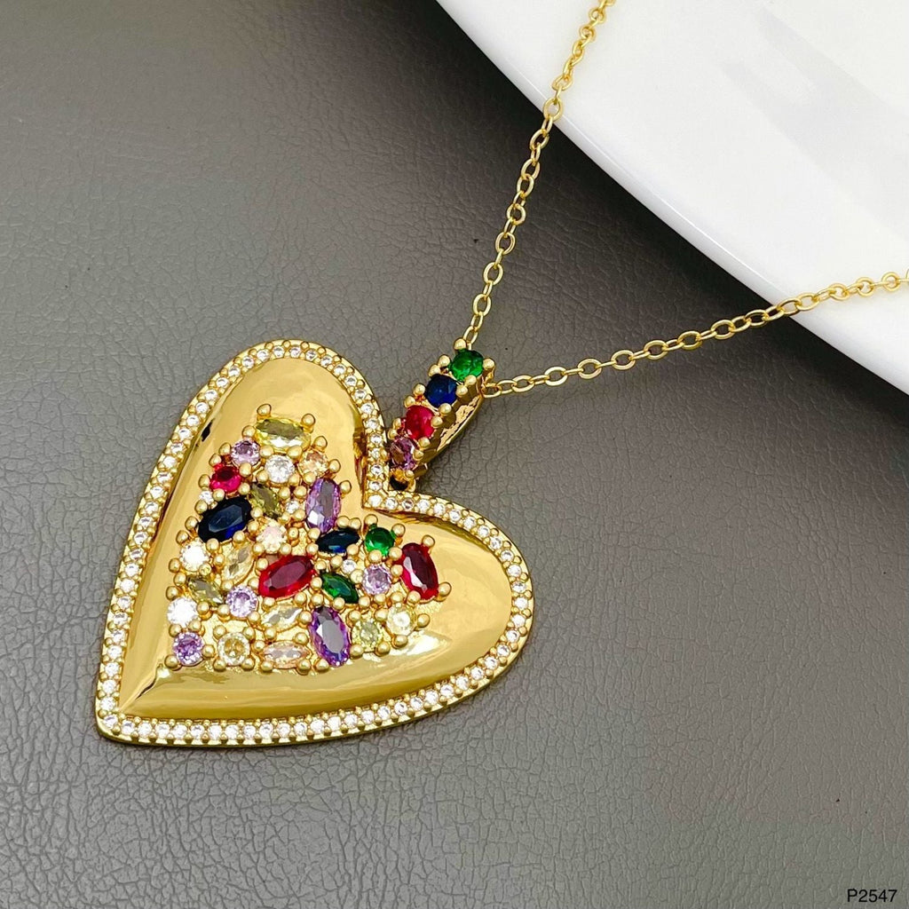 Rainbow Heart CZ Crystal Multi Gold Anti Tarnish Pendant Chain Bulk