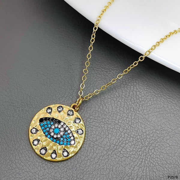 Dented Evil Eye CZ Crystal Green Gold Anti Tarnish Pendant Chain Bulk Main image
