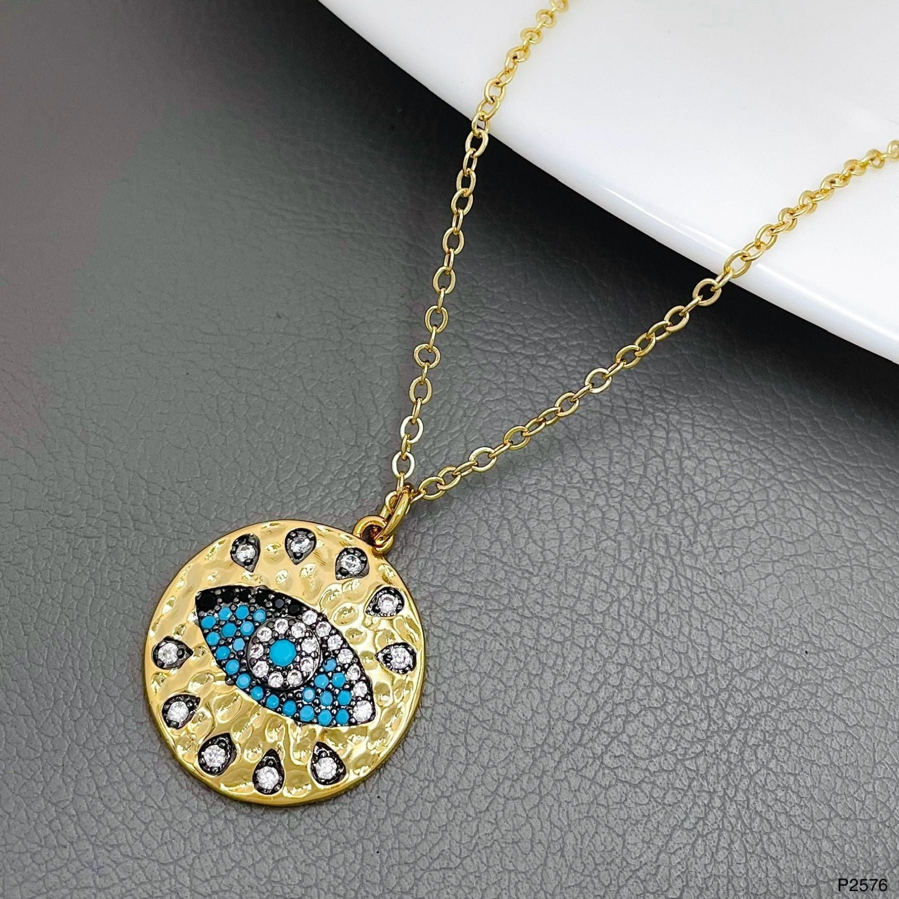 Dented Evil Eye CZ Crystal Green Gold Anti Tarnish Pendant Chain Bulk