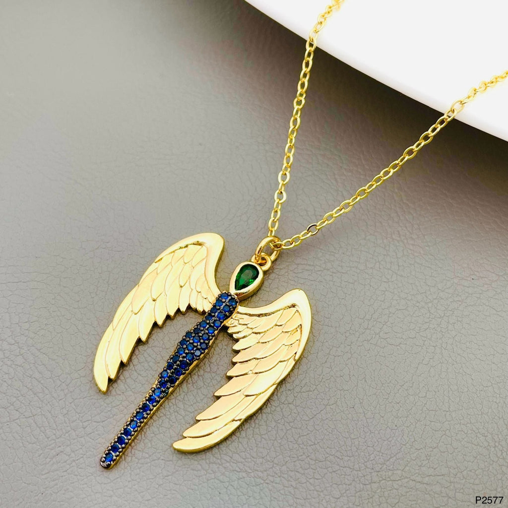 Angle Feather Crystal Blue 18K Gold Anti Tarnish Pendant Chain Bulk
