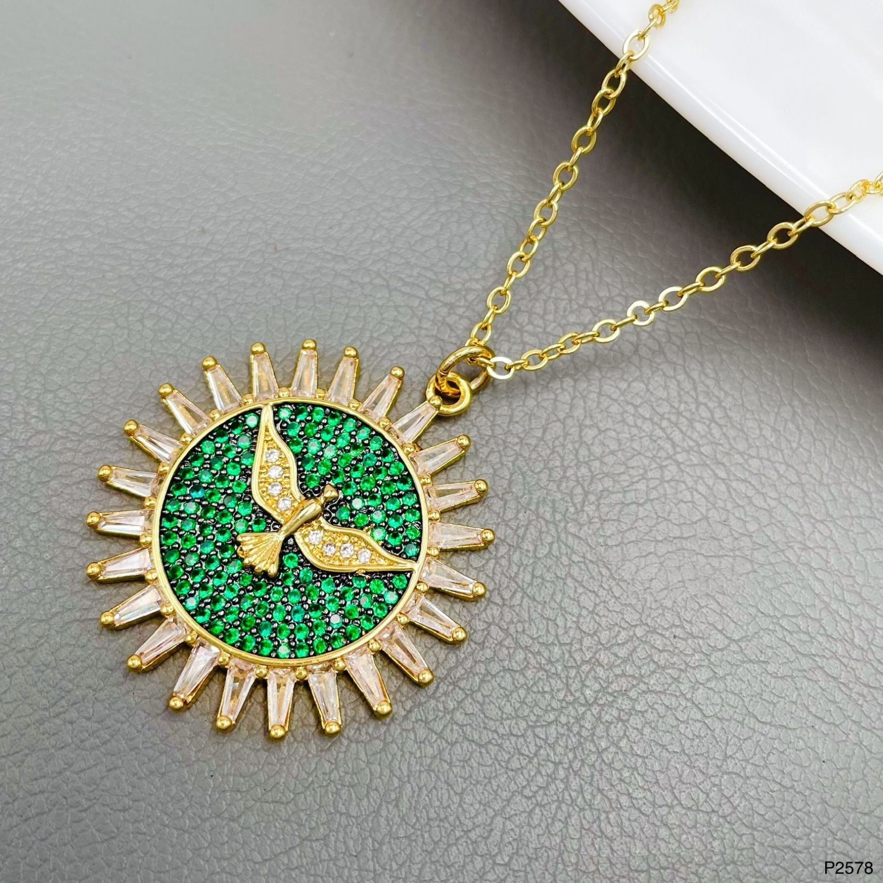 Sun Bird Crystal Green 18K Gold Anti Tarnish Pendant Chain Women Bulk Main image