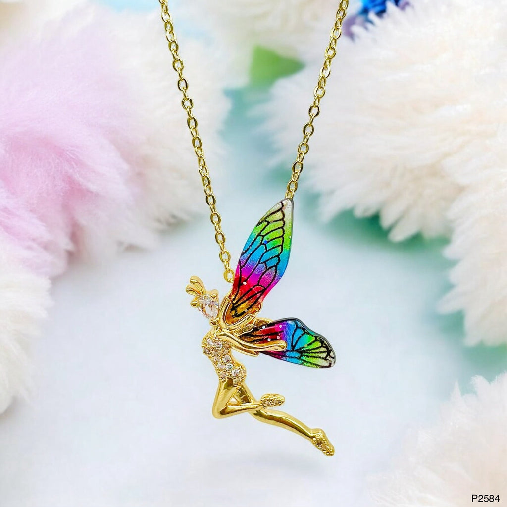 Angel Wings CZ Multicolor 18K Gold Anti Tarnish Pendant Chain Bulk