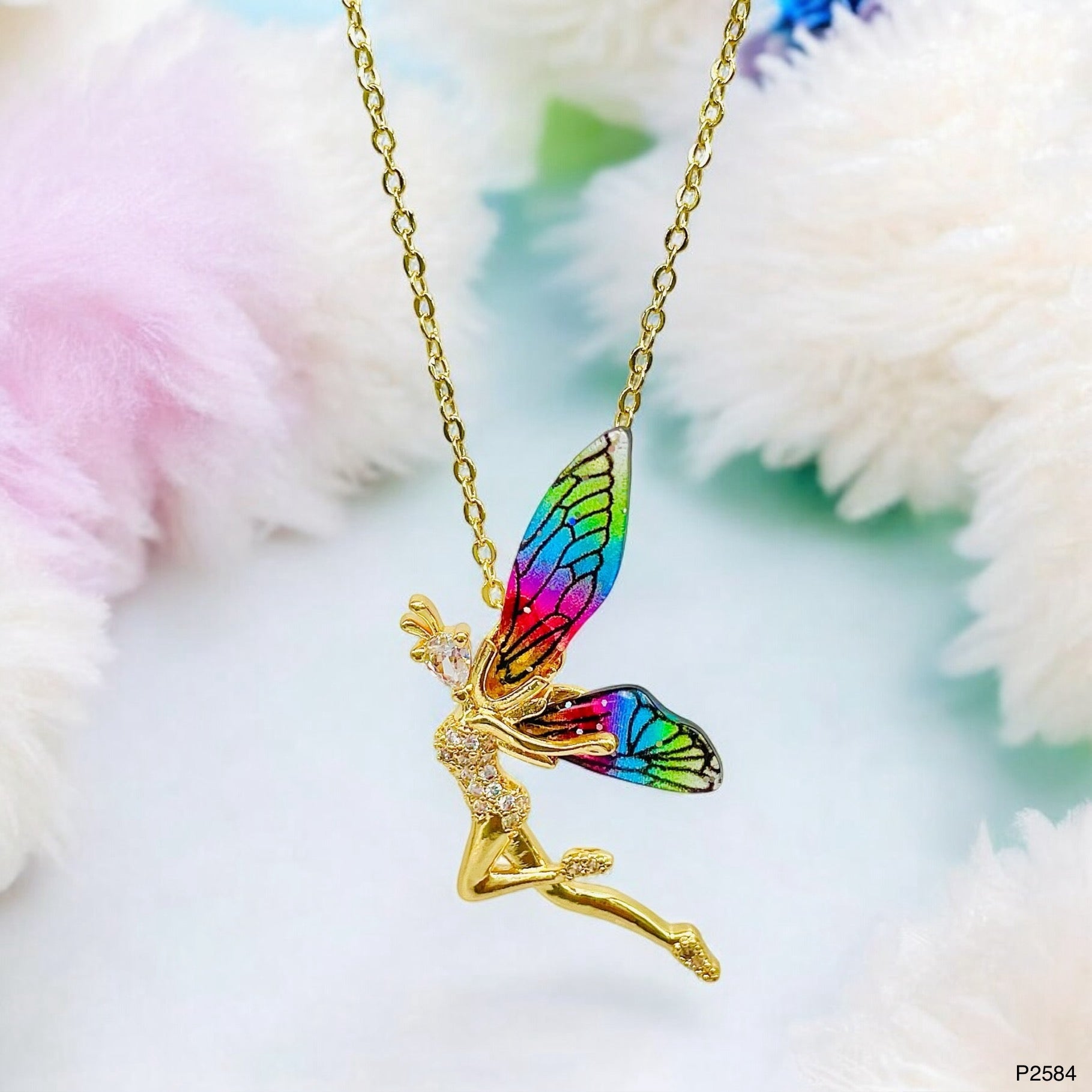 Angel Wings CZ Multicolor 18K Gold Anti Tarnish Pendant Chain Bulk