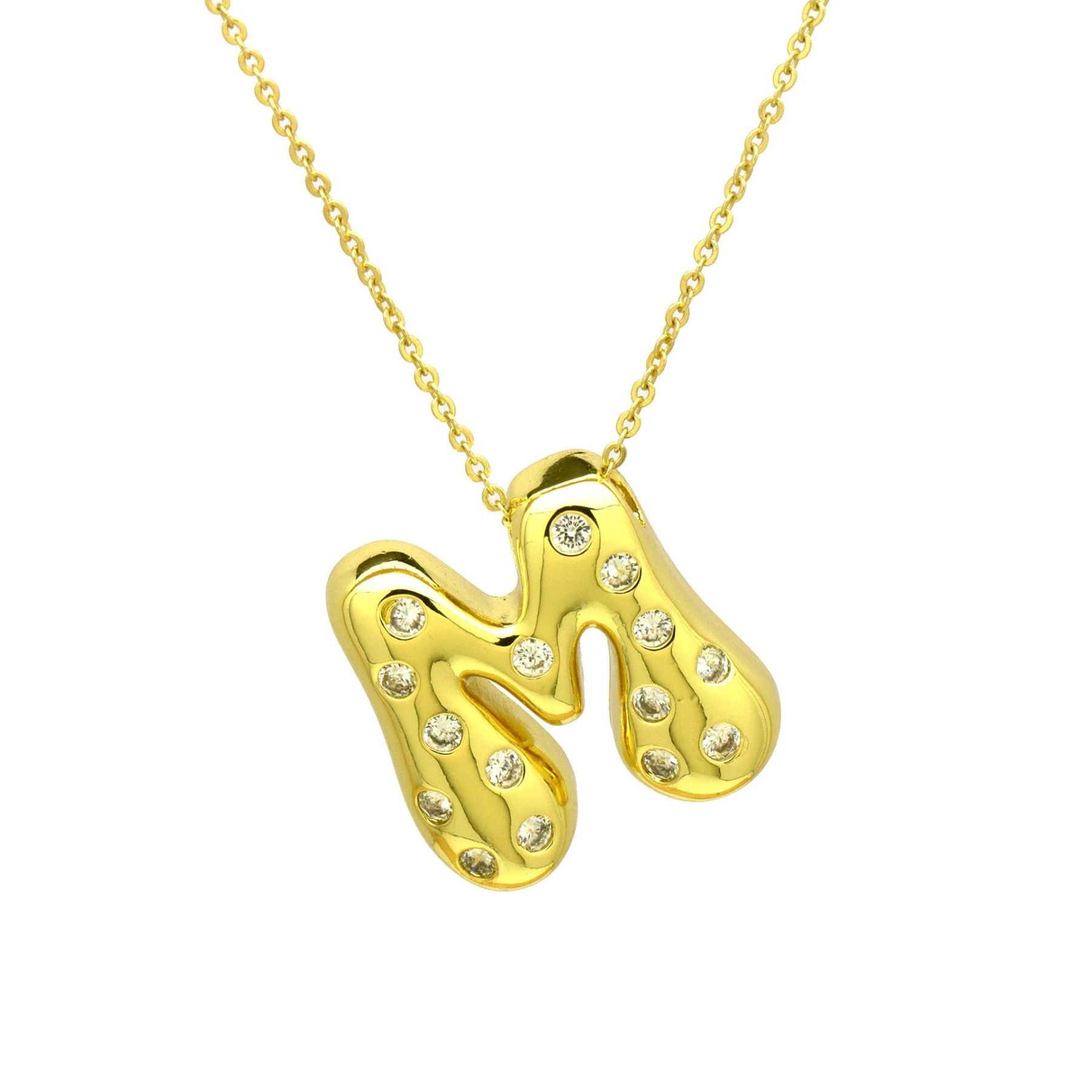 Glossy Studded Initial Letter Alphabet A Cubic Zirconia 18K Gold Anti Tarnish Pendant Chain For Women