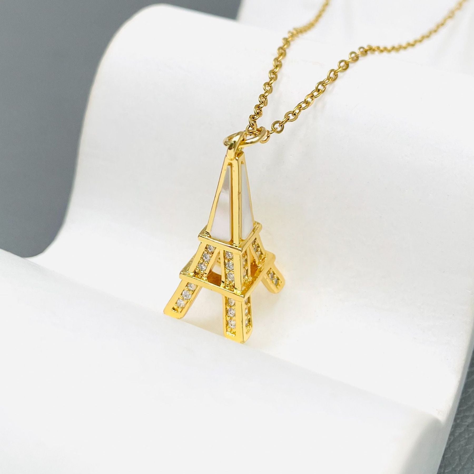 Eiffel Tower CZ Mother Of Pearl Gold Anti Tarnish Pendant Chain Bulk Main image