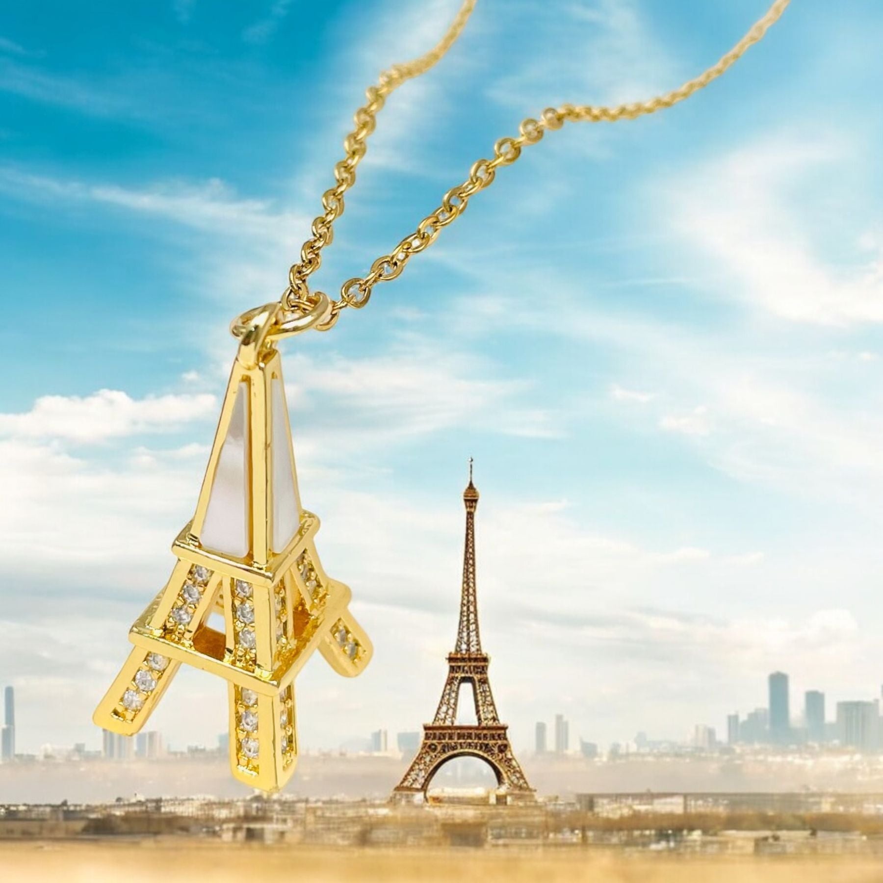 Eiffel Tower CZ Mother Of Pearl Gold Anti Tarnish Pendant Chain Bulk Secondary image