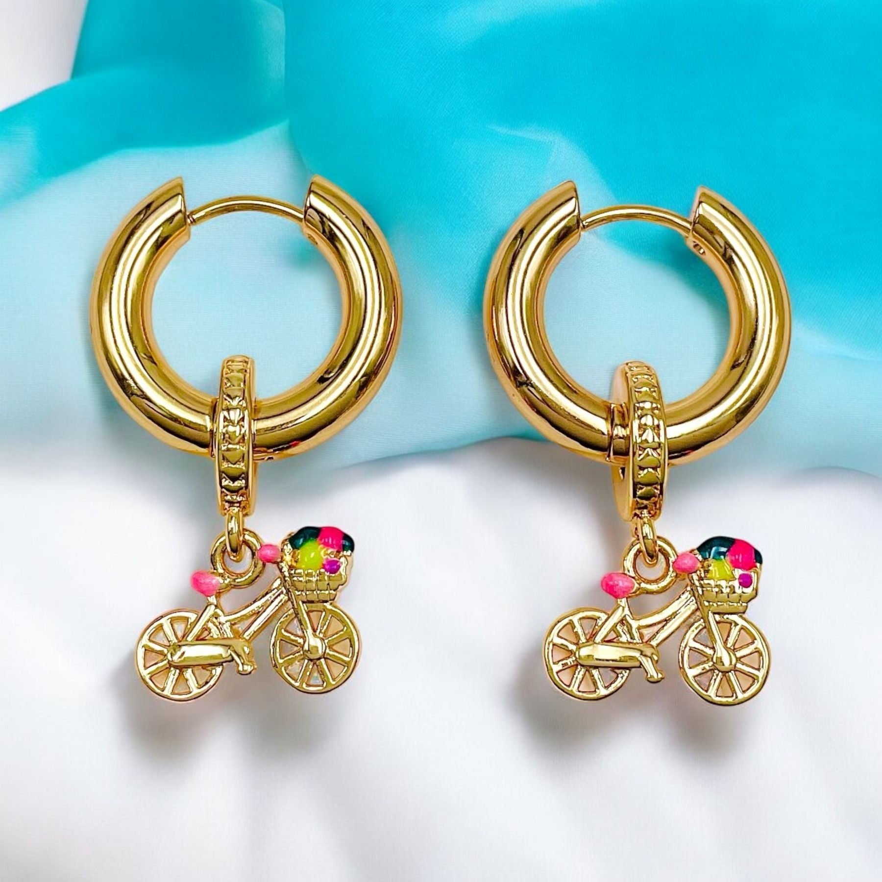 Tiny Cycle Pink Gold Anti Tarnish Dangler Hoop Earring Kids Bulk Main image